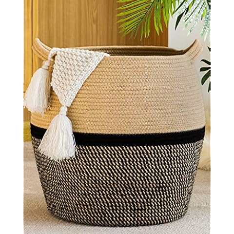 KAKAMAY Woven Baskets for Storage(17"x17"),Large Cotton Rope Basket Baby Laundry Hamper,Collapsible Basket, Blanket Organizing Living Room,Nursery,Clothes,Toy chest (Black) Cover