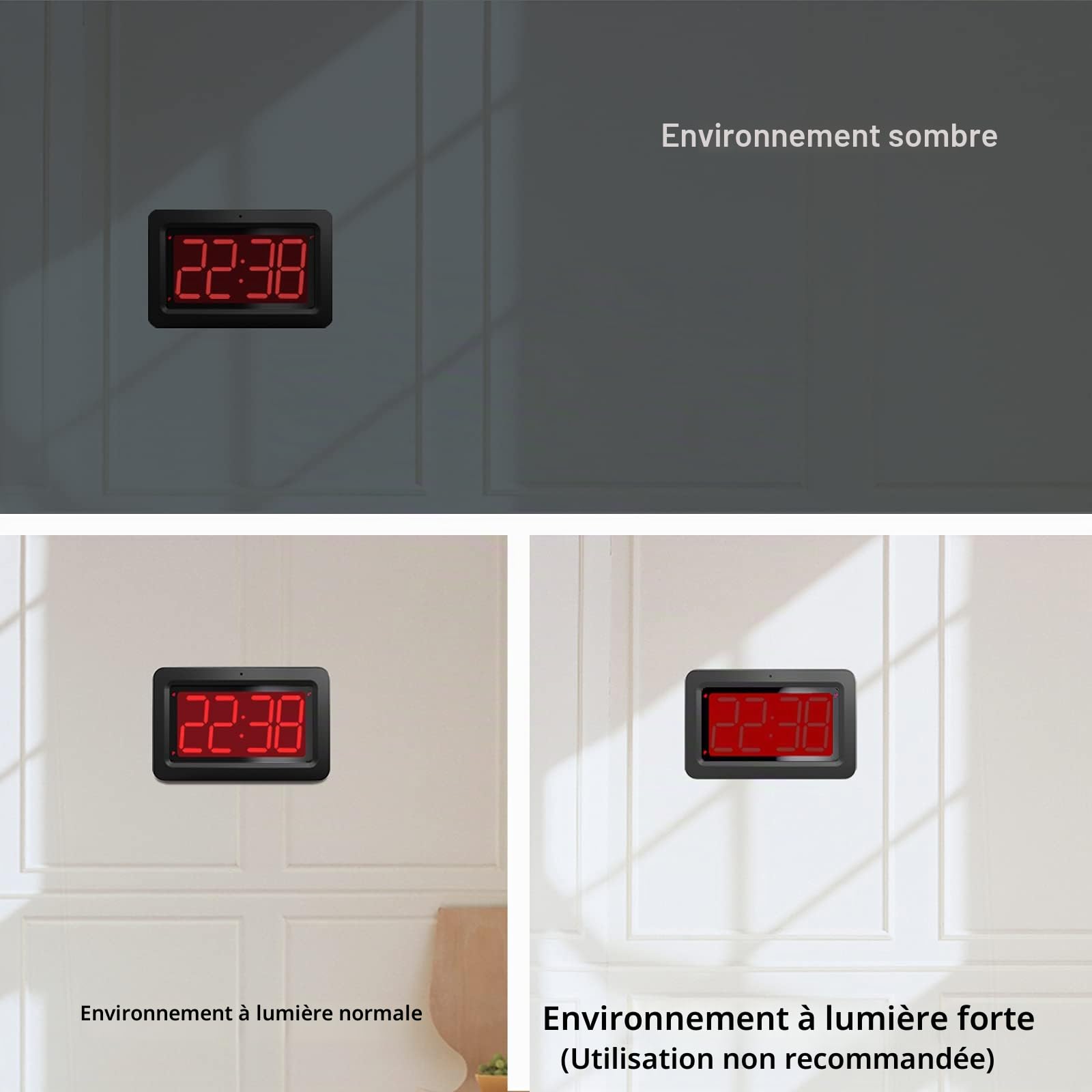 Horloge Murale LED Affichage Numérique Rouge 21,5 x 14 x 4,5 cm Alimentée par Batterie ou Adaptateur Réveil Lumineux