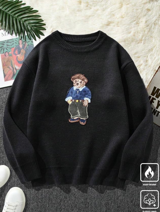 Teddy Bear Embroidered Sweater, Fleece Lined Crewneck Pullover, Warm Winter Knit, Navy Blue, Green, Black - Image 2