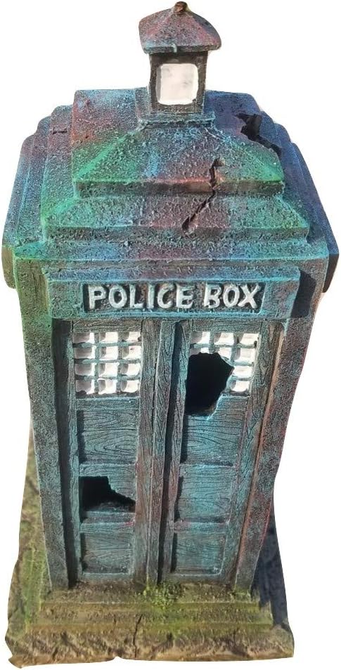 Old Style 1960's Police Box Aquarium Ornament Decor, Fish Safe Polyresin, 7 Inches Tall | Aquarium Fish Tank Tardis Fish Hideout House Resin Ornament, Blue Decoration