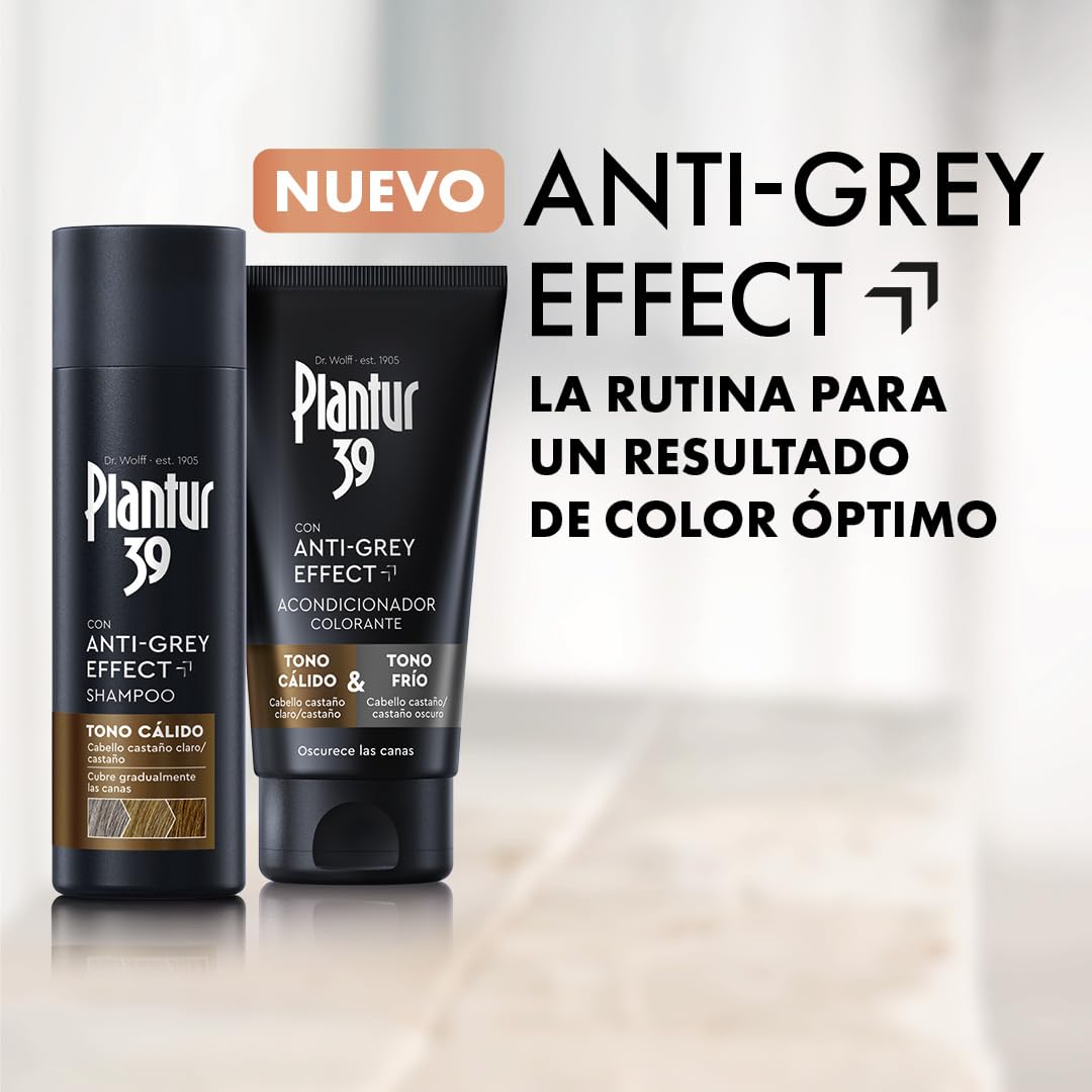 Plantur 39 Anti-Grey effect 5,6-DHI & Caffeine Shampoo Tono Cálido 200 ml + Acondicionador Colorante 150 ml | Cabello gradualmente más oscuro y fuerte | Disimula las canas de forma controlada