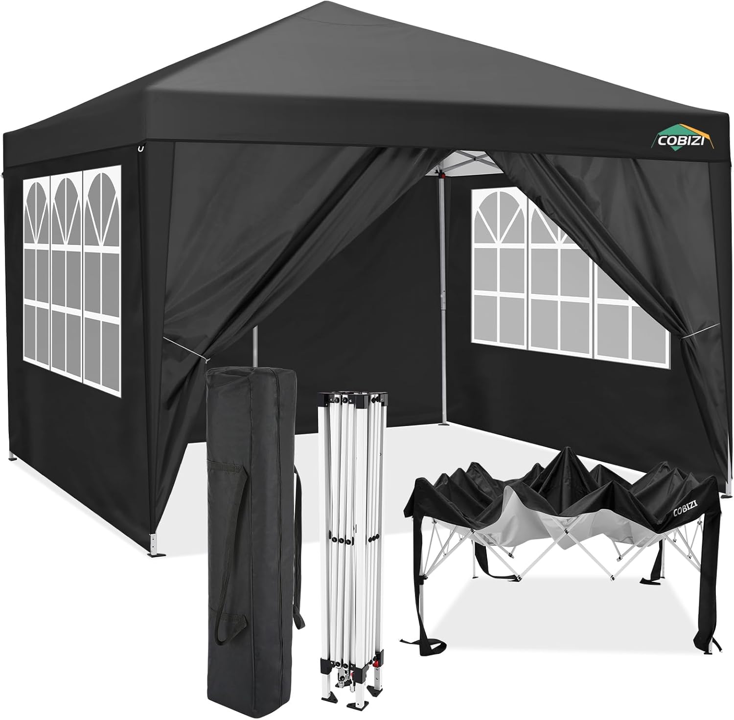 COBIZI 10x10 Pop Up Canopy Tent with 4 Removable Sidewalls Waterproof Commercial Instant Shelter Outdoor Party Tent Portable Canopy Tent for Parties with Carry Bag, Ropes, Stakes (Black, 10'x10') Black 10x10 with 4 Sidewalls