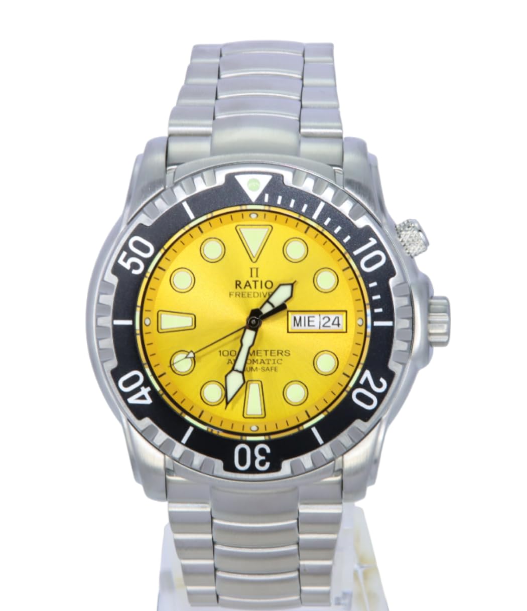 RATIO FreeDiver Helium-Safe Dive Watch Sapphire Crystal Analog Yellow Dial Japanese Automatic Diver Watch 1000M Water Resistant Diving Watch for Men (Yellow)