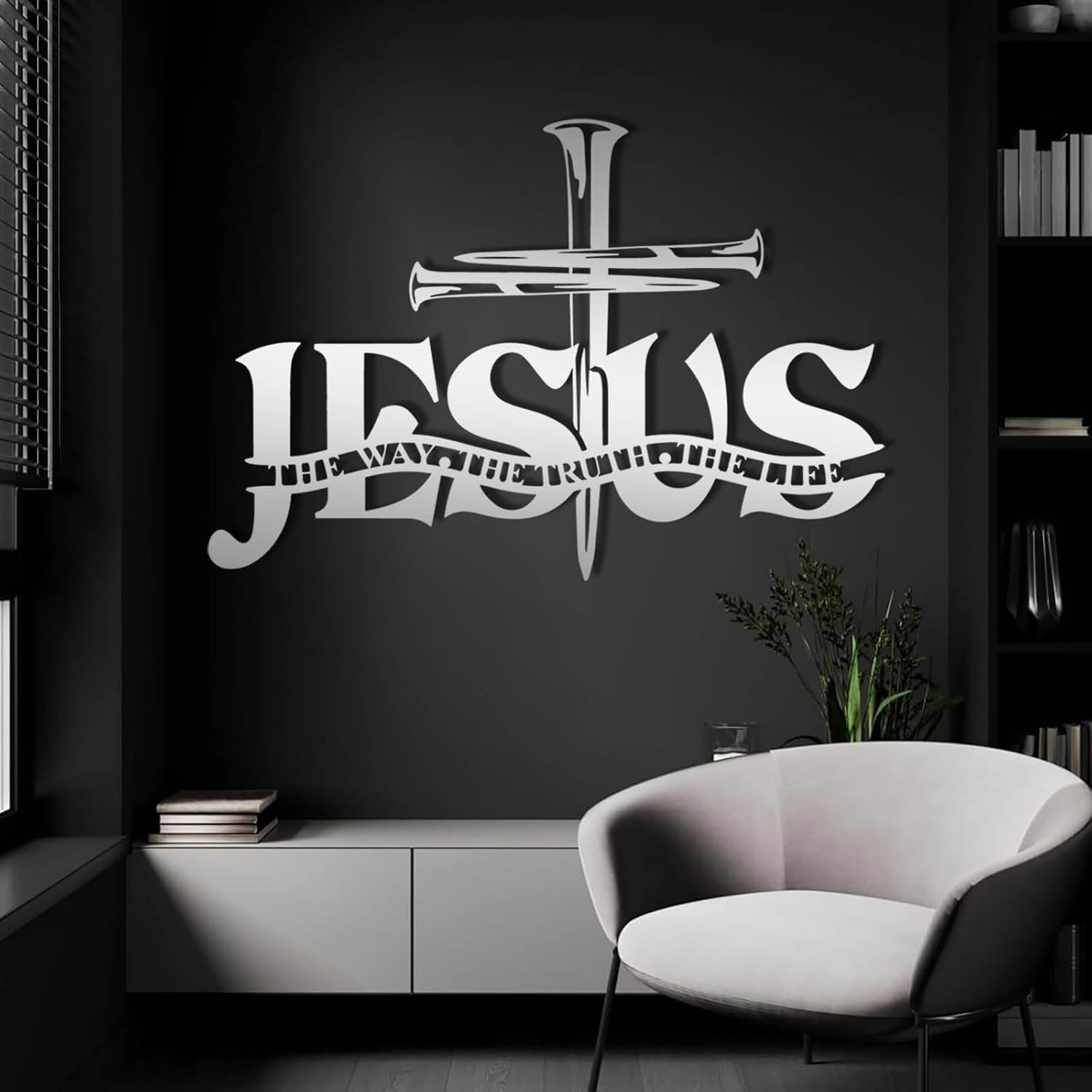 kawazu Jesus The Way The Truth The Life Metal Wall Art, Metal Jesus Cross Wall Decor, Cross Wall Mount, Christian Art, Religious Room Decor, Gift for Christian (Black, 30"x20"/76x52cm)