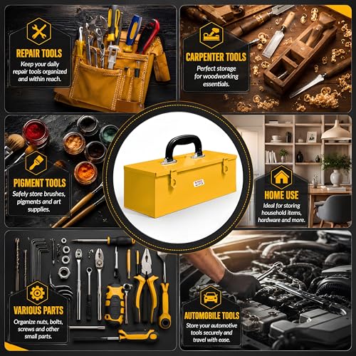 Image of PAHAL 16 Inch Metal Tool Box - Heavy Duty Portable Tool Storage Box with Single Compartment for Electrician, Plumber, Technician, Carpenter & Mechanic, for Domestic & Industrial Use, Yellow