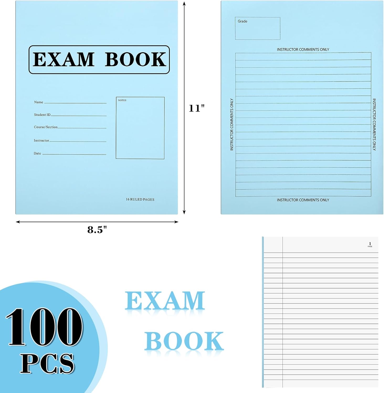 Skyygemm 100 Pack Exam Blue Book, 8.5" x 11" Blue Test Books, 8 Sheets 16 Pages, Wide Ruled Saddle Stitched Examination Notebooks for School Test Business Office