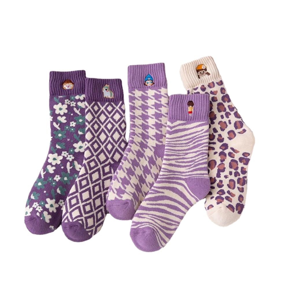 KazonsWinter Crew Socks 5 Pairs Cute Women OneSize Yoga Cotton All Seasons Socks Casual Vintage Patterned Colorful Knit Gifts
