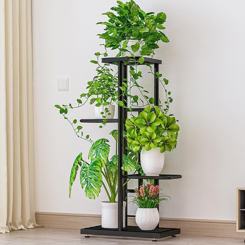 4 Tier Metal Plant Stand for Indoor Outdoor, Tall Corner Plant Shelf for 5 Pots with 360° Rotating Trays, Heavy Duty Carbon Steel Flower Holder for Balcony Patio Living Room, Tool-Free Assembly