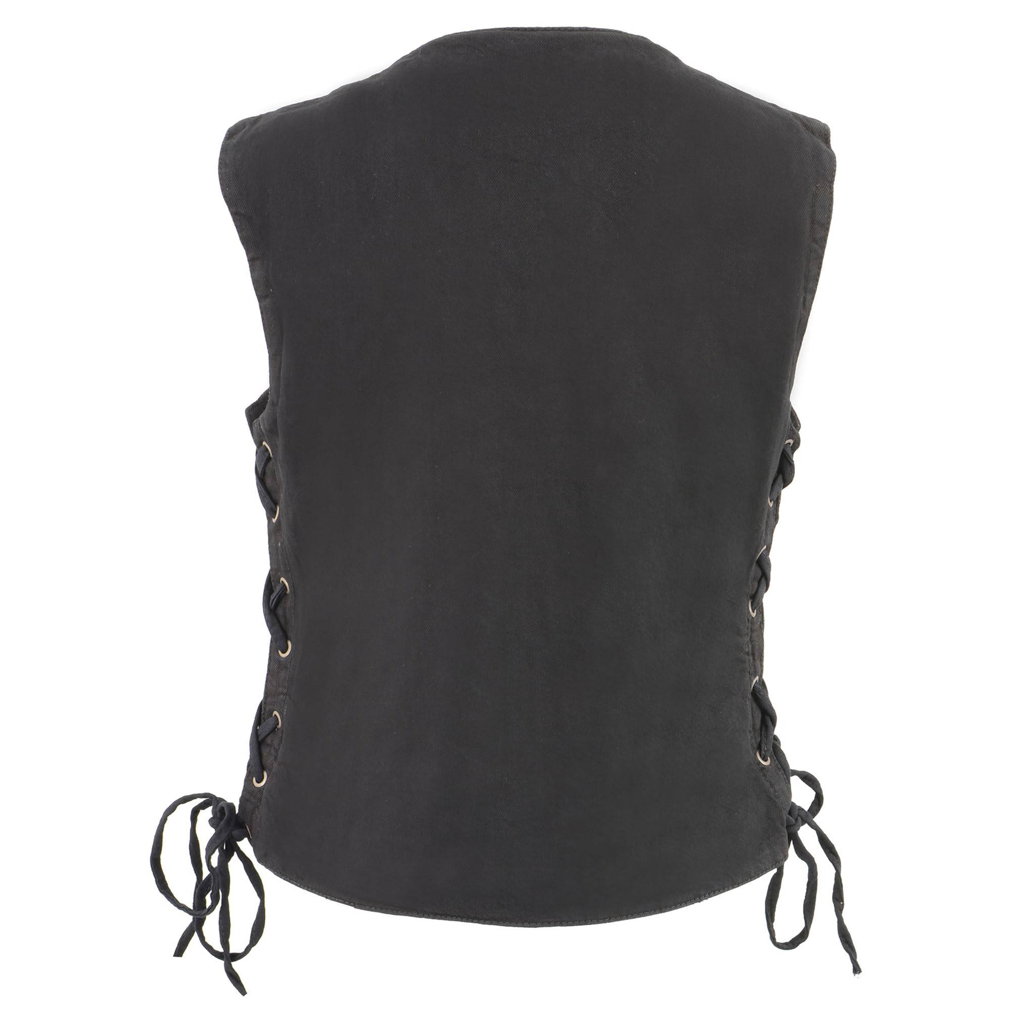 Milwaukee Women's Motorcycle Denim Club Vest Blue Black W/Side Lace 6 Pockets Single Back (Medium, Black)