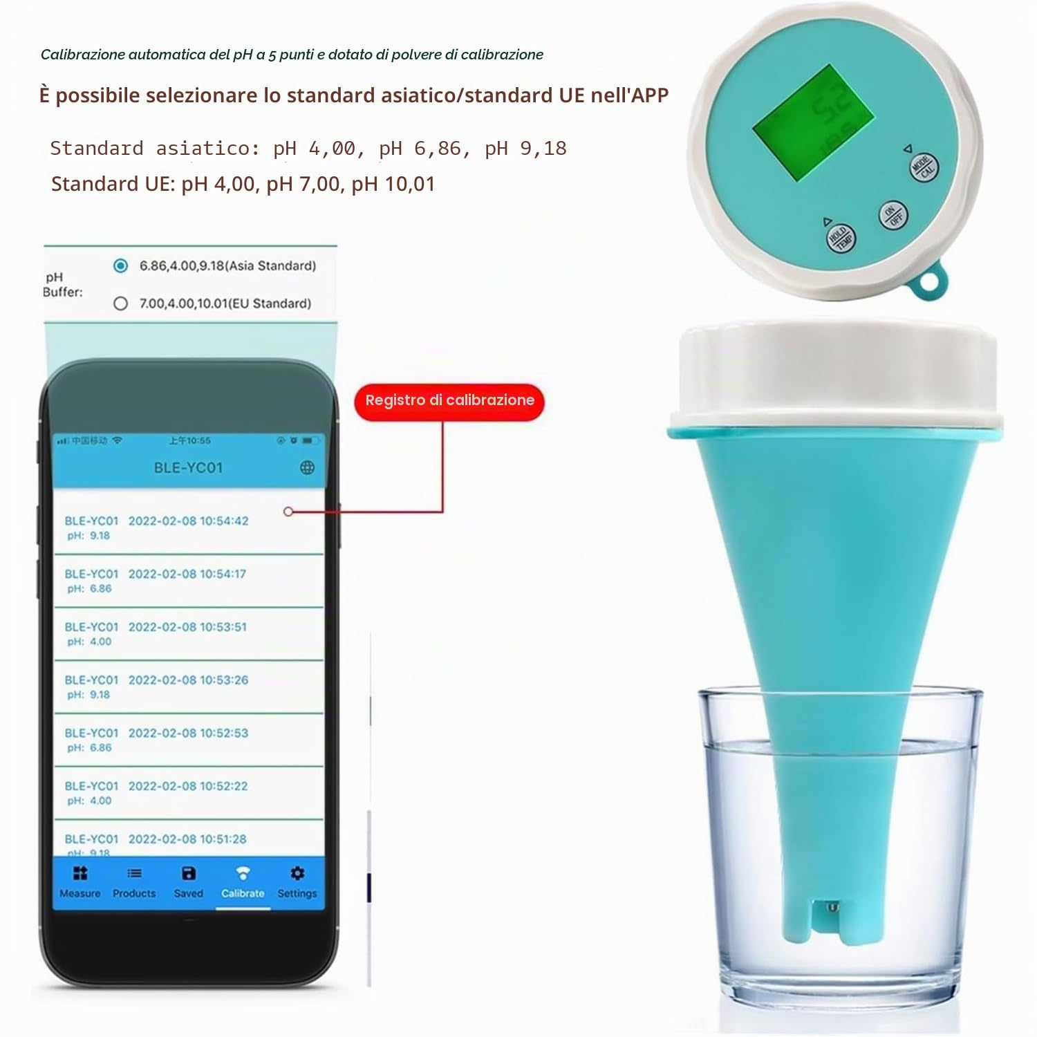 Tester dell'Acqua,Tester della qualità dell'Acqua Bluetooth for PH/Orp/EC/Tds Temperatura Tester Cloro residuo,termometro Galleggiante for Piscina WiFi Impermeabile IP67 con Bluetooth