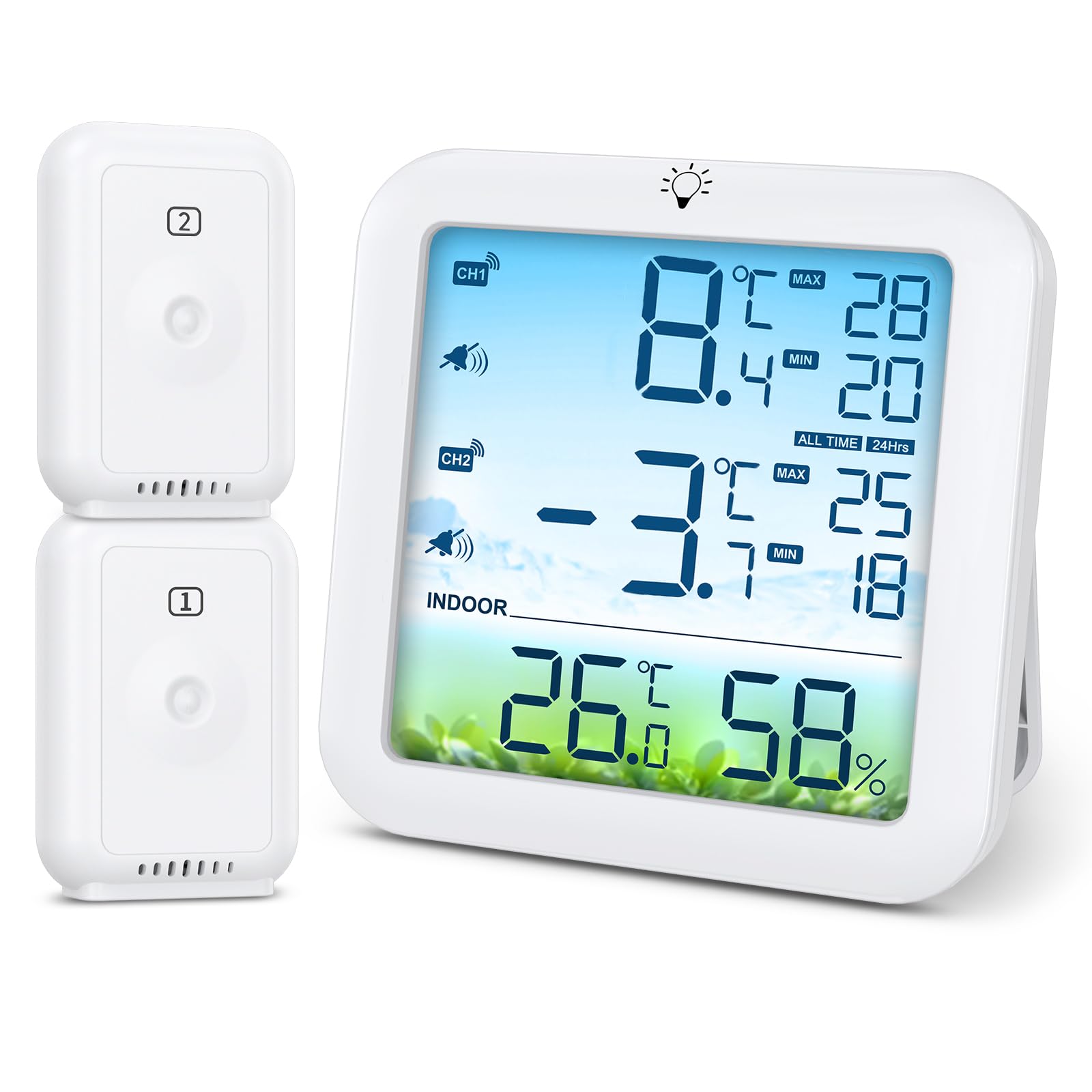 Digitale Kühlschrankthermometer,Temperaturalarm Farbbildschirm Anzeige mit 2 kabellosen Sensoren,℃/℉,MIN/MAX,Hausgebrauch Innen und Restaurant