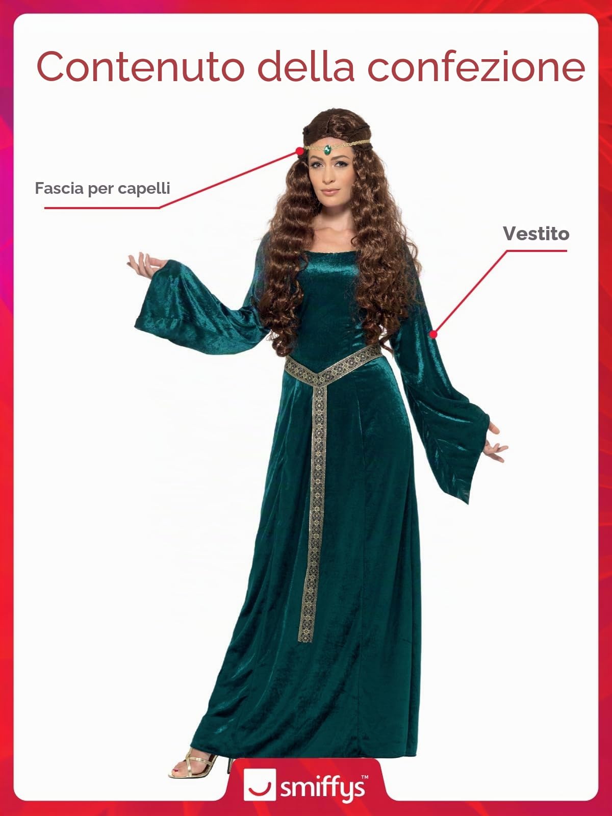 SMIFFYS Costume Damigella medievale, Verde, con abito e copricapo Halloween