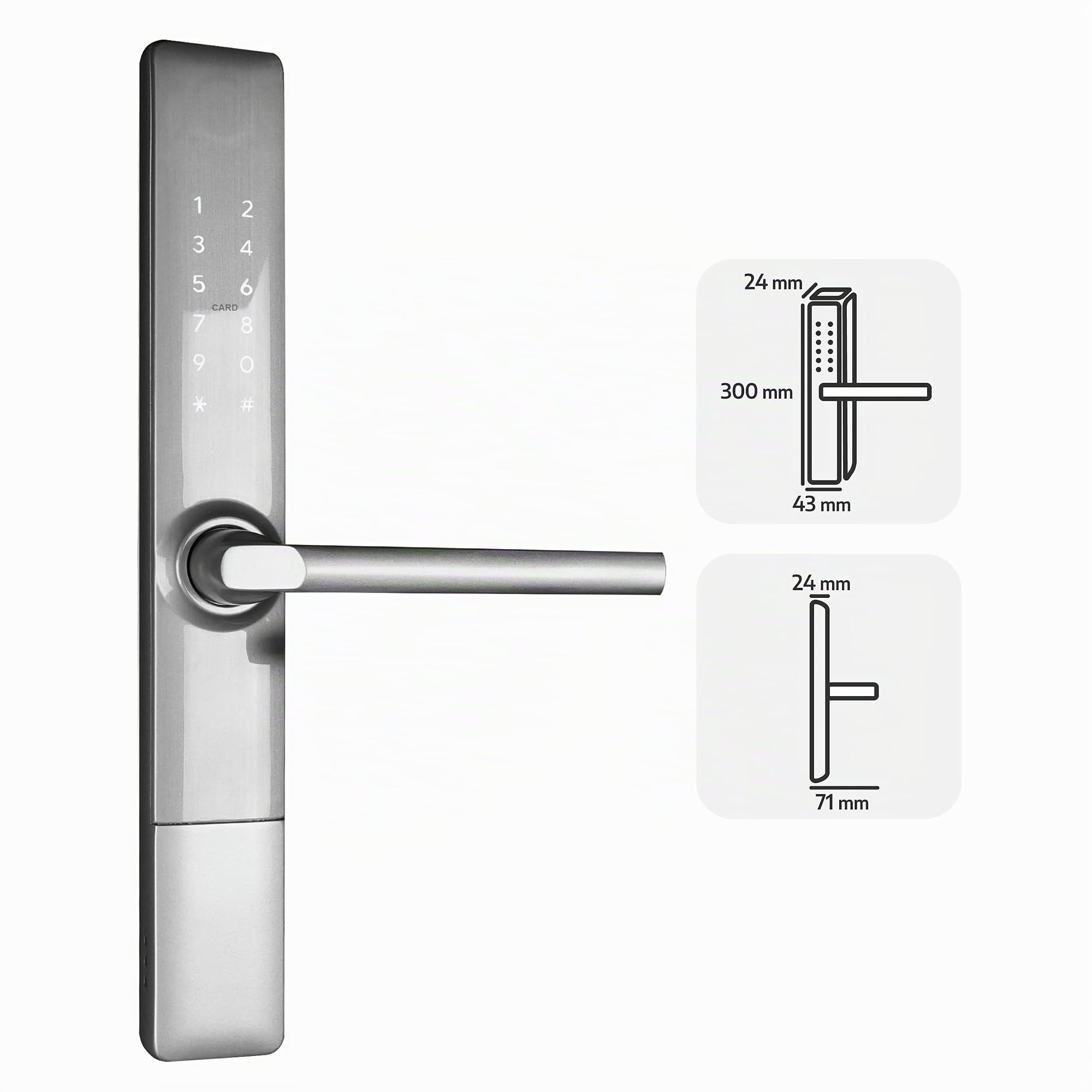 EURA ELH-71H4 Cerradura de puerta inteligente delgada con manija Cerradura combinada de 13,56 MHz Lector de proximidad IP65 Espaciado universal entre pernos más plata