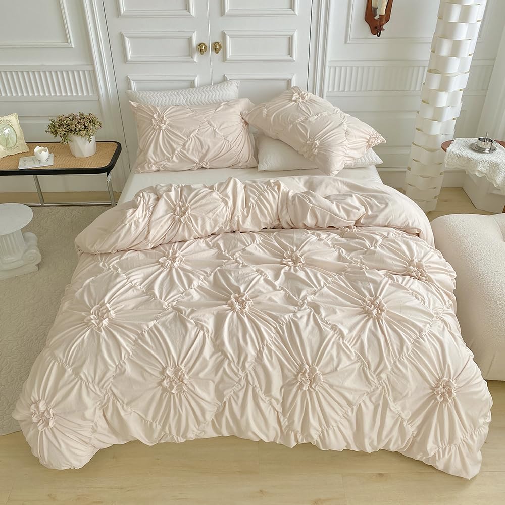 Freyamy Bettwäsche 200x200cm 3teilig Beige Pintuck Plisseefalten Luxus Bettwäsche Pinch Pleat Mädchen Bettwaren-Sets 100% Microfaser Weiche Bettbezug mit Reißverschluss und 2 Kissenbezug 80x80cm