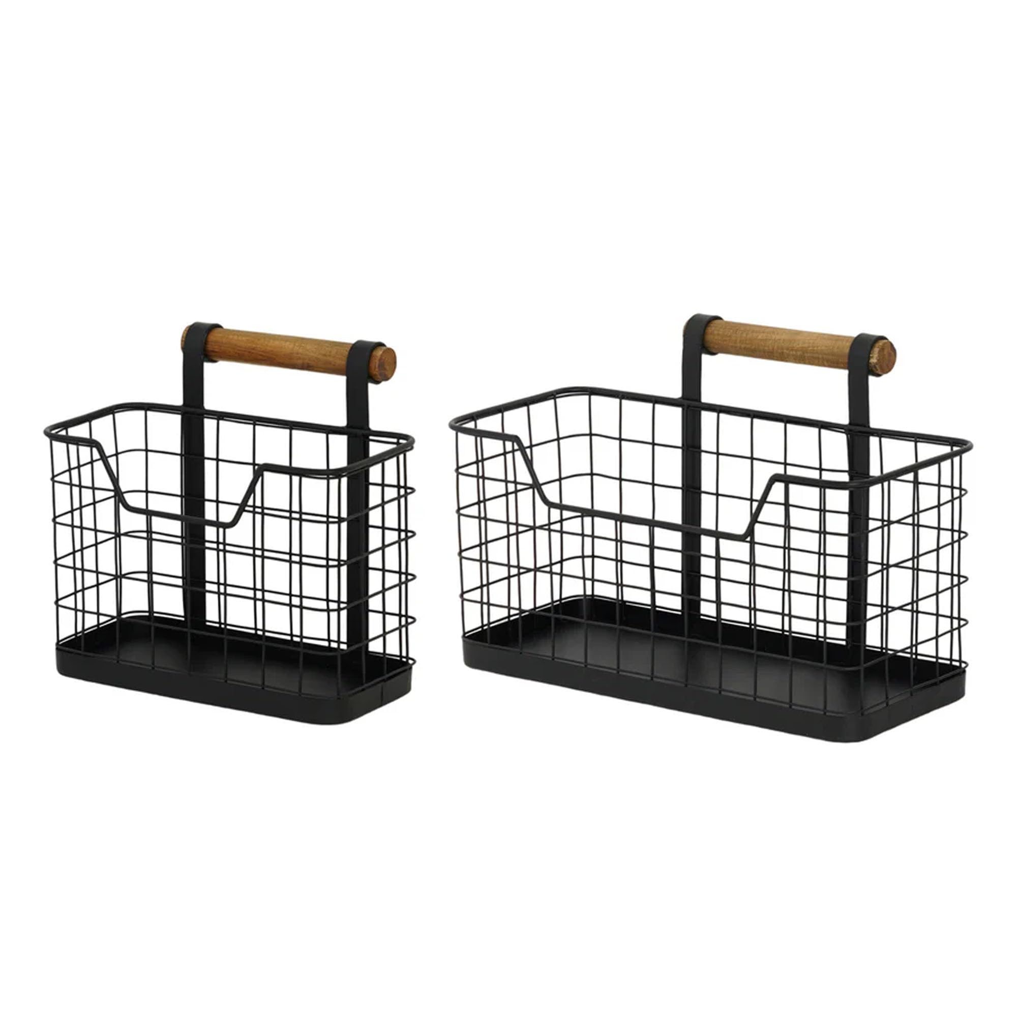 VIP Home & Garden Sleek Modern Wire Basket with Wooden Carry Handle - 12.25 x 8 Inch Black Metal Set of 2