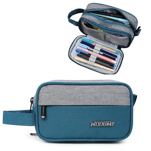 Image of Wooum High Capacity Pen Case Durable Pencil Bag Stationery Pouch Zipper, Portable Journaling Supplies with Easy Grip Handle & Loop, Asthetic Supply for Adults, (LightGrey-Tblue)