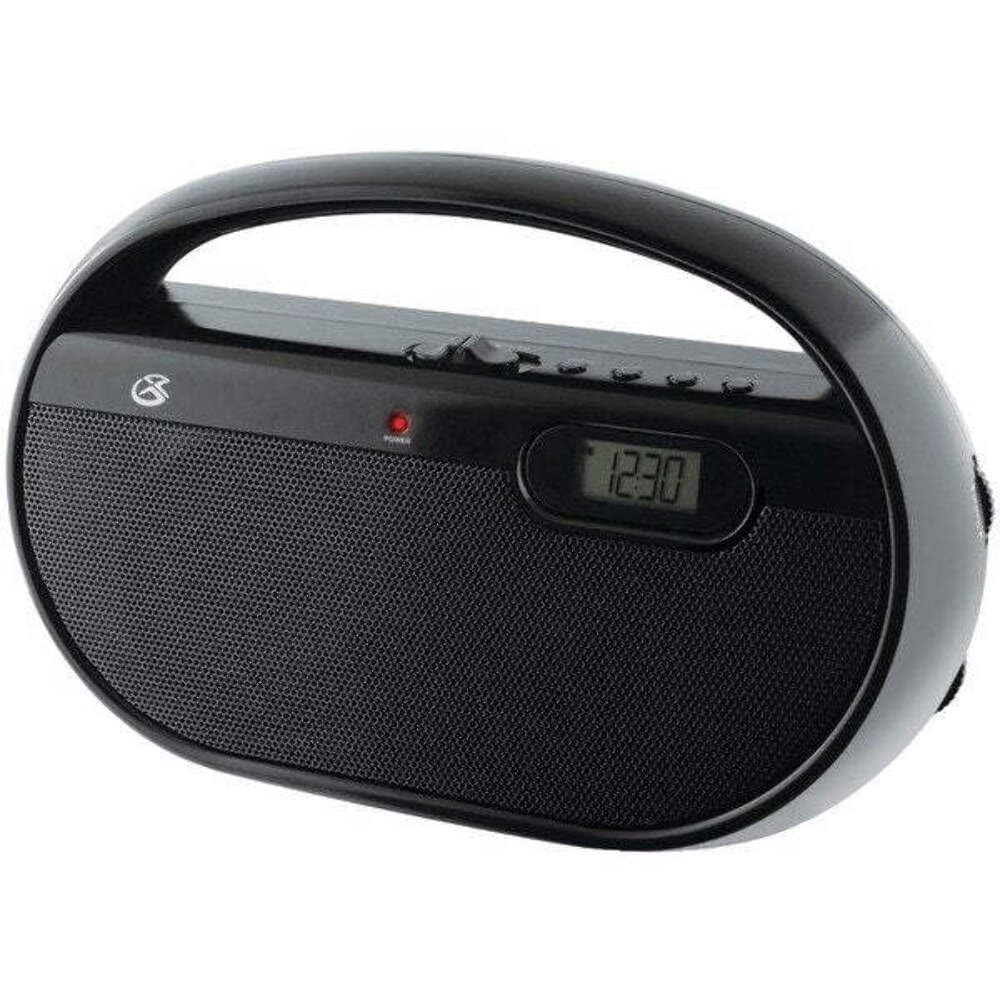 முன் view of the GPX R602B Portable AM/FM Radio, showing the speaker grill, digital display, and control knobs.