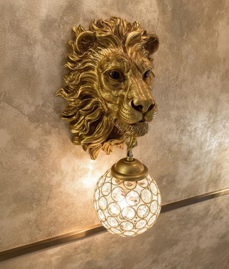 swanart Majestic Lion Head Wall Sconce with Crystal Globe Lamp – Luxurious Wall Lighting for Living Room, Bedroom, Hallway – Antique Gold Finish, Decorative Lion Mane – Unique Home Décor Accent-image-35