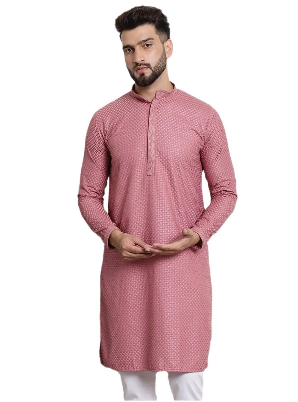 Sojanya (Since 1958 Mens Pure Cotton Checked Embroidered Coral Color Only Long Kurta