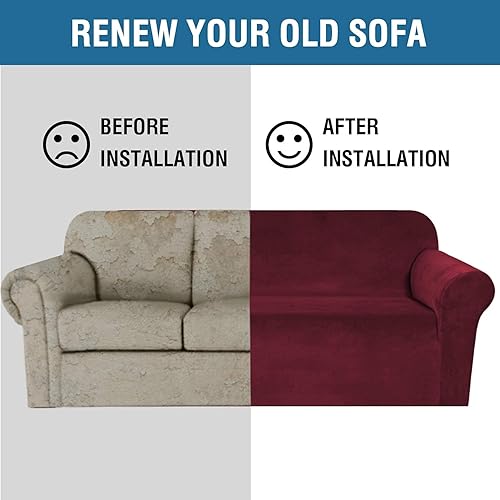 Miniatura 5 de H.VERSAILTEX Funda elástica de terciopelo para sofá de 3 cojines, funda de sofá biplaza de terciopelo elástica para sofá de 2 cojines, color borgoña