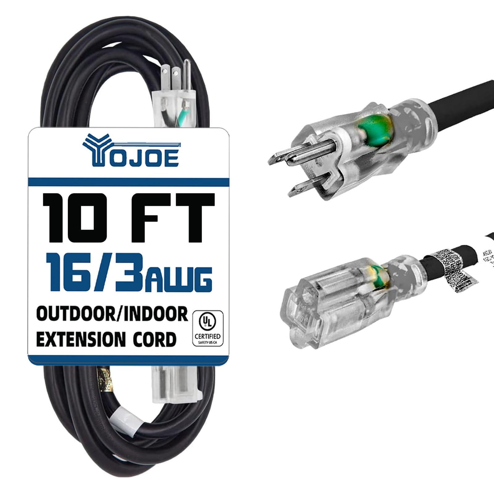 YOJOE Indoor Outdoor Extension Cord with Lighted End, 3 Prong 13A Weatherproof Power Cord, 16 Gauge Heavy Duty 10 ft Black Extension Cord for Garage,