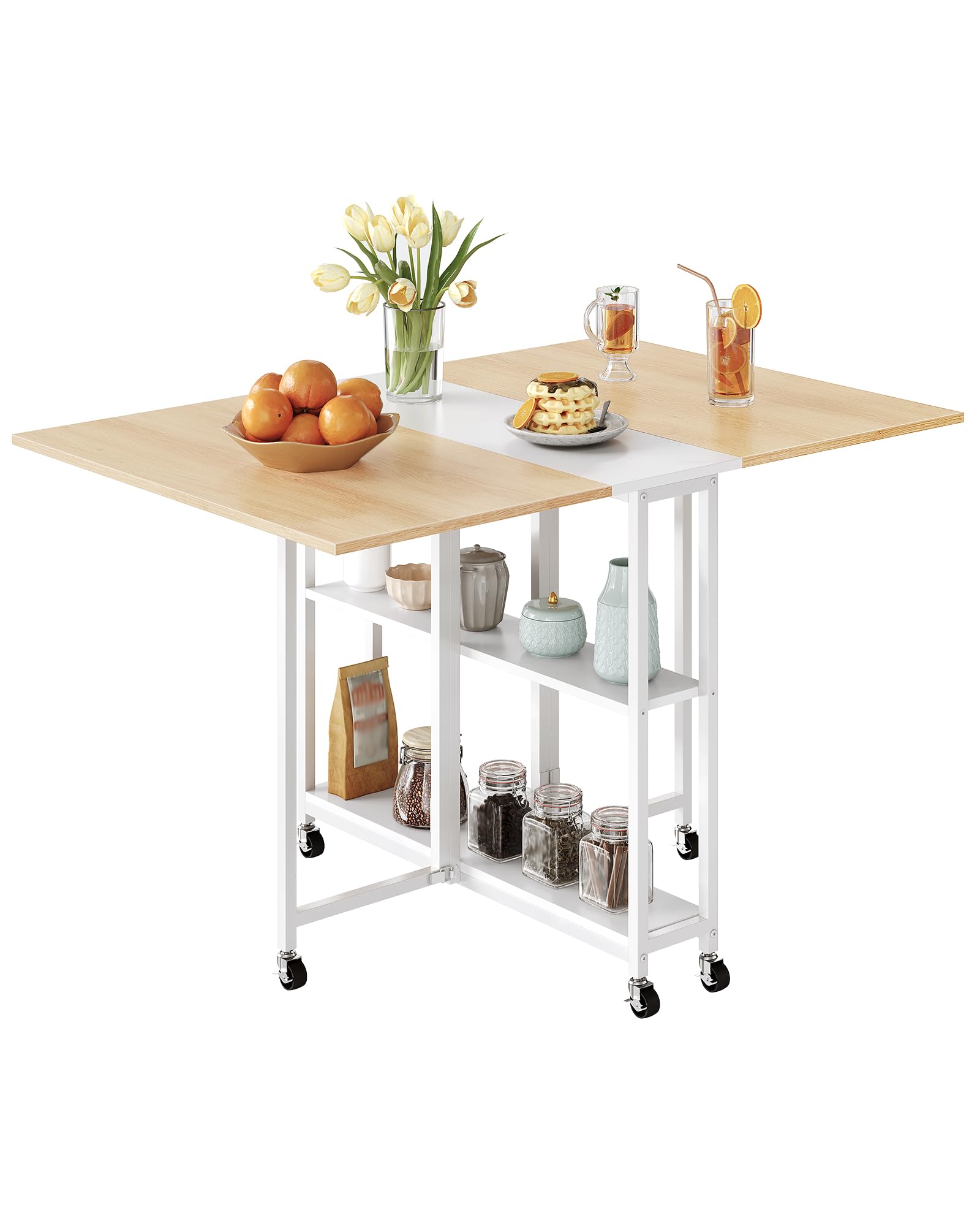 CHOEZON Table Rabattable et Mobile, Table Cuisine Petit Espace Extensible et Pliable, 6 Roues Freinées, 2 Étagères, pour Salle à Manger, Salon, Bureau, Appartement, Blanc et Couleur Bois DTCZ01WN