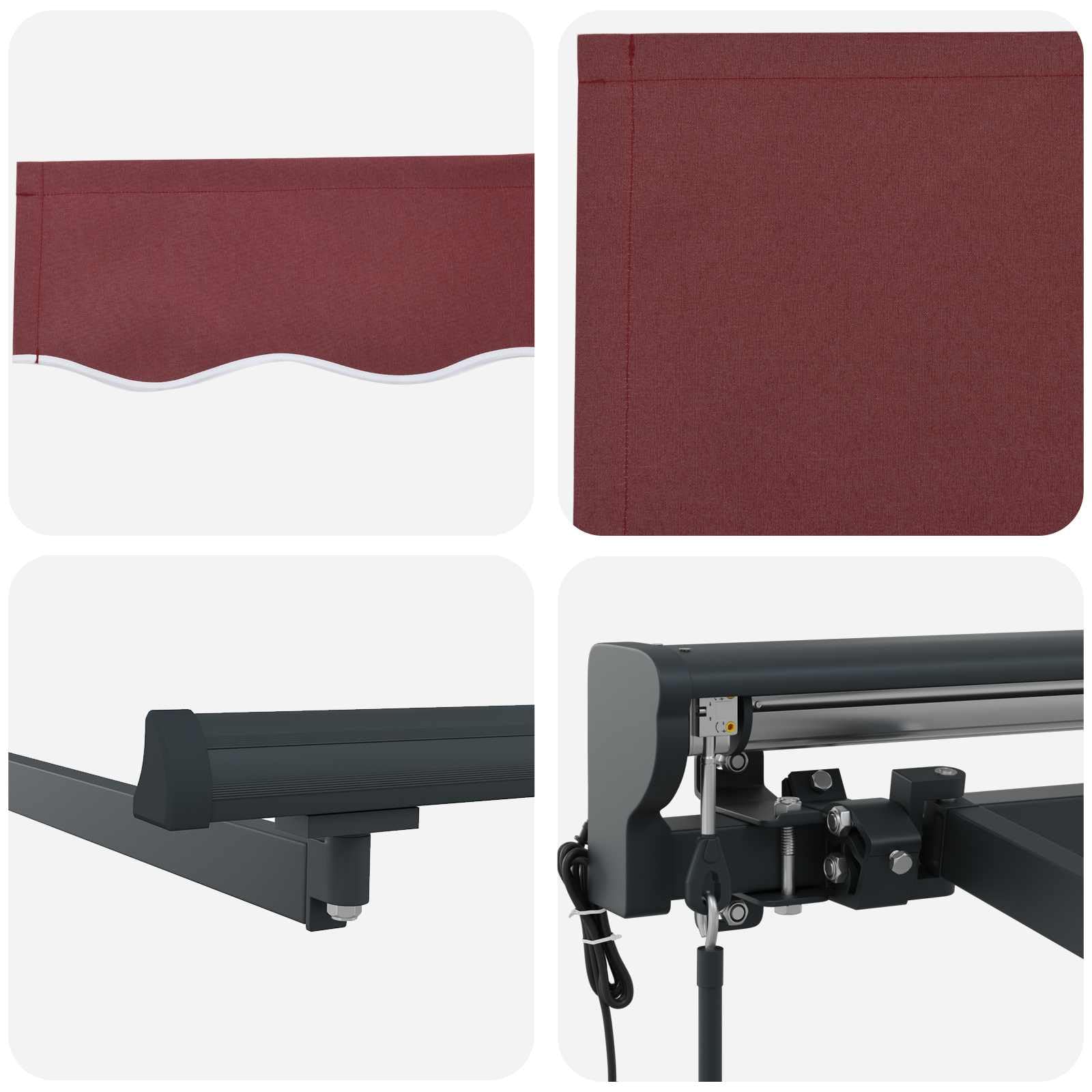 Tenda da sole retrattile con braccio articolato bordeaux 350 x 250 cm in tessuto poliestere rivestito in PU, manovella manuale e telecomando, struttura a semicassetta per terrazze e giardini.