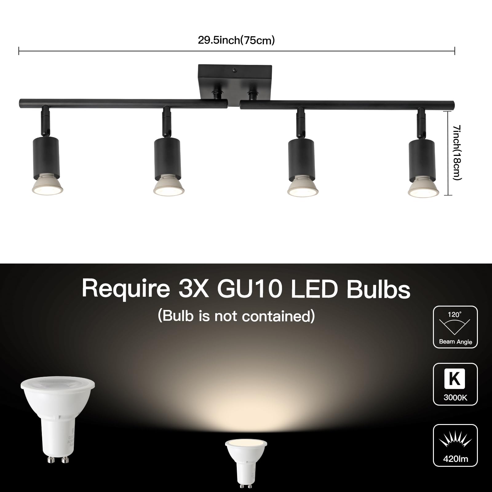 SEEBLEN 4-Light LED Track Lighting Kit,Black Track Lighting with Rotatable Light Heads,Directional Kitchen Ceiling Light for Kitchen Dining Room Hallway Closet Bedroom - Image 2