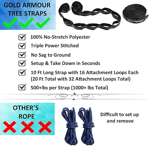 Miniatura 4 de Gold Armour Hamaca de camping  Hamaca doble XL, hamaca portátil, accesorios de camping, equipo para exteriores e interiores con correas de árbol,