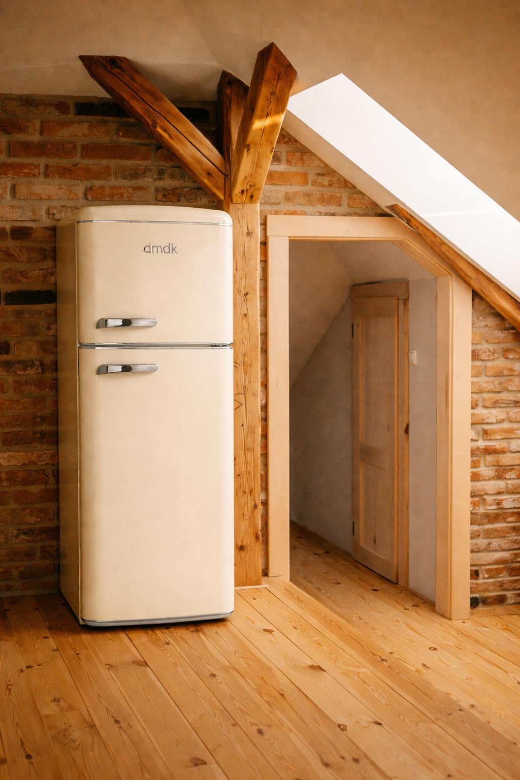 DMDK DKC2 Independiente Refrigerador/Congelador, 206 L Contenido neto, 4 estantes ajustables, bandeja grande para verduras, crema, clase energética E