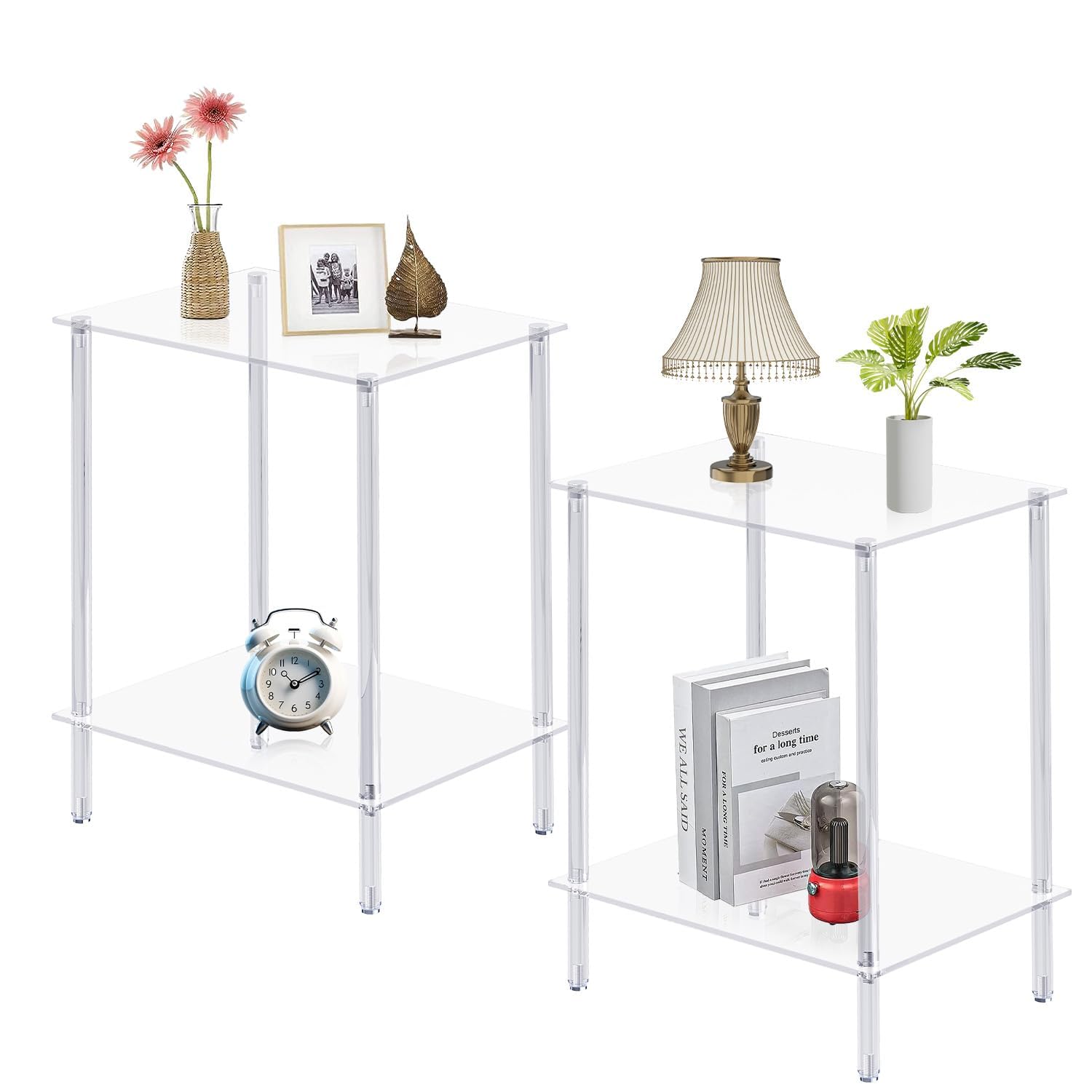 Tempered Glass Side Tables Set of 2 Acrylic End Table with 2 Storage Shelve transparent Bedside simplicity clear 2-Tier Nightstands small Spaces Office Bedroom Living Room Study Transparent ET-008TR