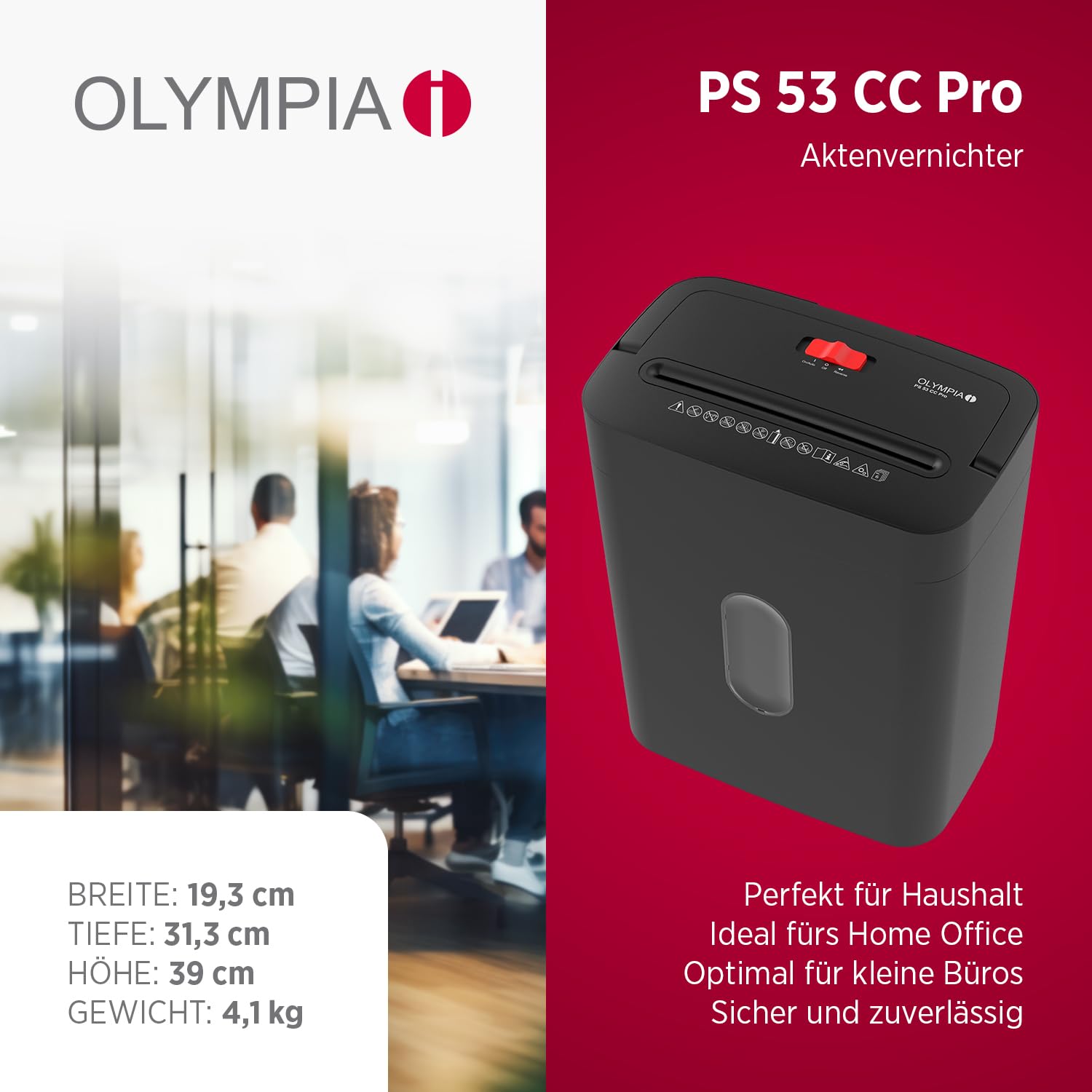 OLYMPIA PS 53 CC Pro Aktenvernichter schwarz | Papierschredder für Home Office & Büro | Schredder Aktenvernichter P-4 | Partikelschnitt 4×38 mm | 6-Blatt Shredder Papier | 15 L Papier Schredder Gerät