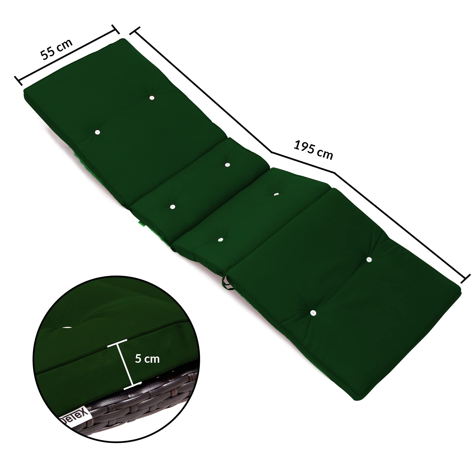 Cuscino Imbottito Detex Per Sdraio – Effetto Lino, 5 Cm Di Spessore, Idrorepellente, Con 8 Bottoni, 174x43 Cm