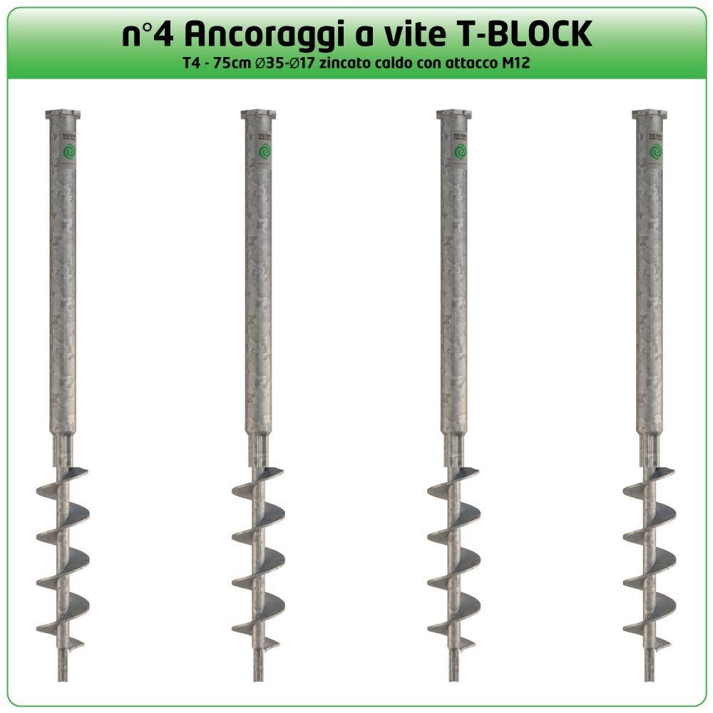 T-BLOCK - Kit professionale di 4 viti di ancoraggio a terra ecologici lunghezza 75 cm Ø 35-17 testa esagonale da 46 mm con punto fisso M12.