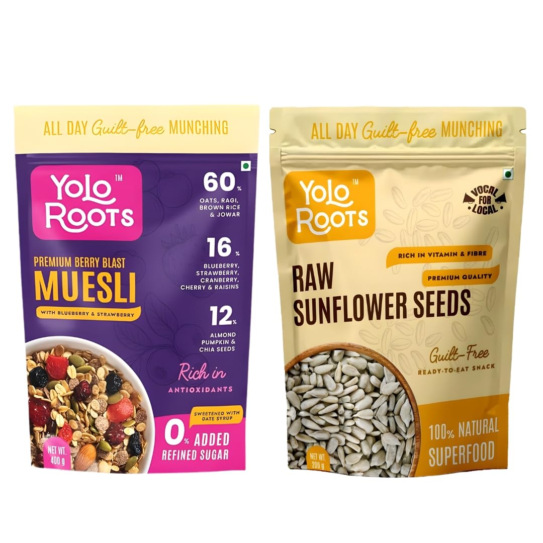 Yolo Roots Premium Berry Blast Muesli 400g & Raw Sunflower Seeds 200g Combo | Oats Fruit Nut Breakfast Cereal with Berries, High Fibre Healthy Seed Snack (pack of 2)