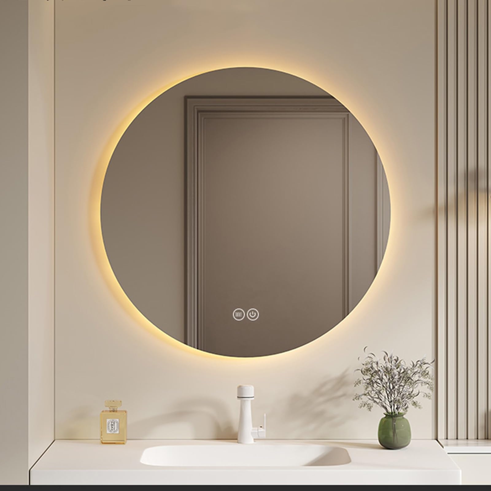 Okrągłe lustro łazienkowe LED, lustro LED przeciwmgielne, bezstopniowe ściemnianie, lustro łazienkowe z pamięcią ze światłami, inteligentne lustro z dotykiem (kolor: ciepła mgła, rozmiar: 80 cm)