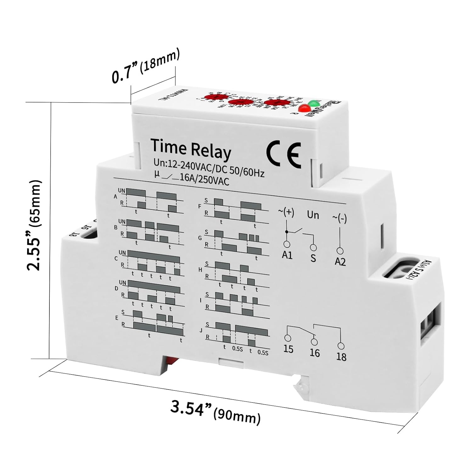 Delay Time Relay, GRT8-M1 AC DC 12V, 24V, 120V, 16A Multifunction Timer Relay with 10 Function Selections, 0.1 sec-10 Days, Delay ON Off, Din Rail Timer (M1 AC/DC 12V-240V)