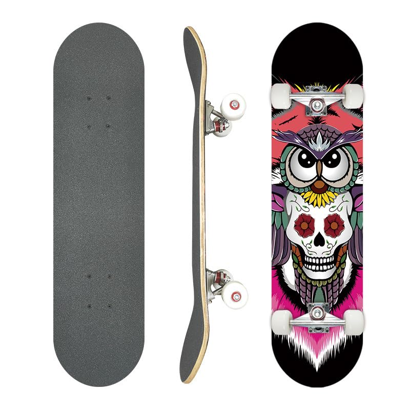 Image of Professional Double Kick Skateboard, 31 inch Maple Deck, ABEC-9 Bearings, 95A PU Wheels, Custom Graphic Design (owl, 31in)