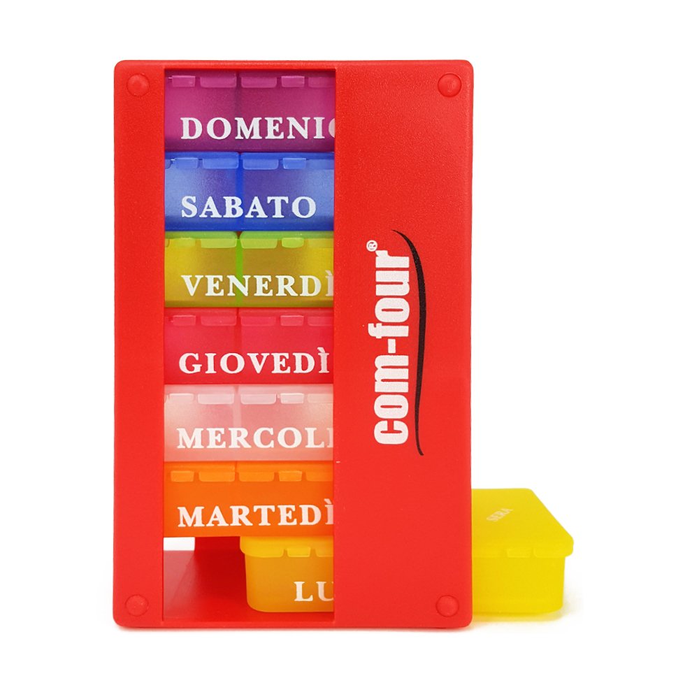 com-four® 1 x Medicine Dispenser in Italian – Medicine Box for 7 Days – 3 Compartments – Pill Box – Pill Box – Weekly Dispenser [Italian] (Red)