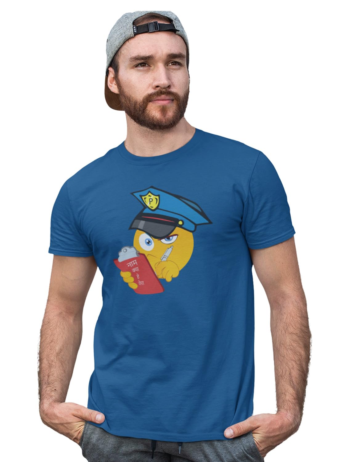 DOGAR ESSENTIALSPlease be Aware, Police is Here Emoji T-Shirt (Blue) - Clothes for Emoji Lovers - Foremost Gifting Material for Your Friends and Close Ones