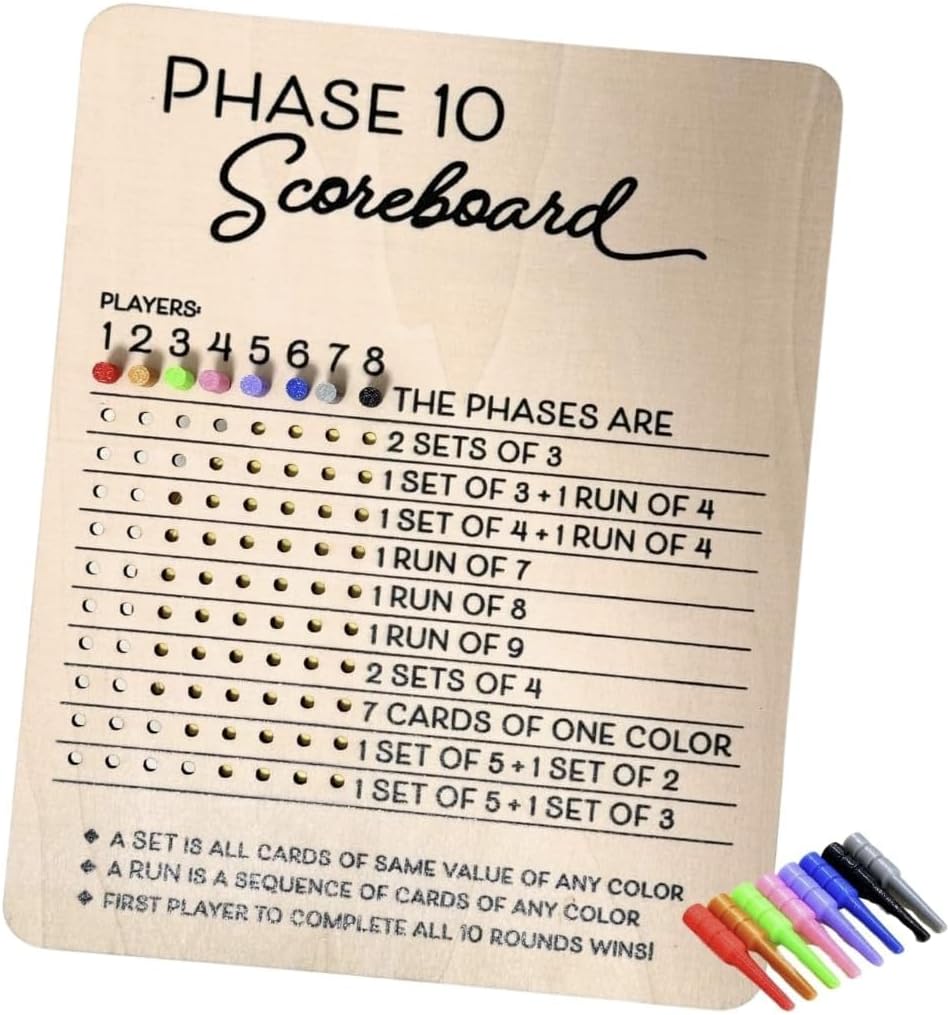 Phase 10 Score Board, 2025 New Wooden Phase 10 Scoreboard with 8 Colored Pegs for Phase 10 Card Game, Phase Ten Score and Round Tracker Fun Board Games for Families, Adults