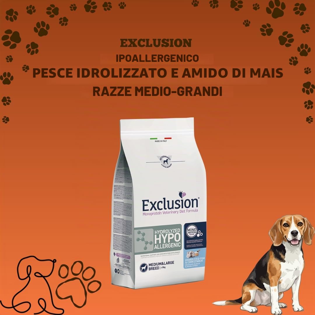 EXCLUSION Adult Medium&Large Breeds Hypoallergenic Hydrolyzed Cane gusto Pesce e Amido di Mais | alimento completo per cani adulti di taglia medio-grande, idrolizzato, 1 confezione da 2kg.