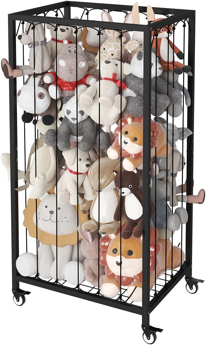 Stuffed Animal Storage Organizer with Wheels, Stuffed Animal Zoo Shelf with Elastic Rope for Nursery, Play Room, Bedroom, Kids Plush Toy Holder for Boys and Girls, Black.