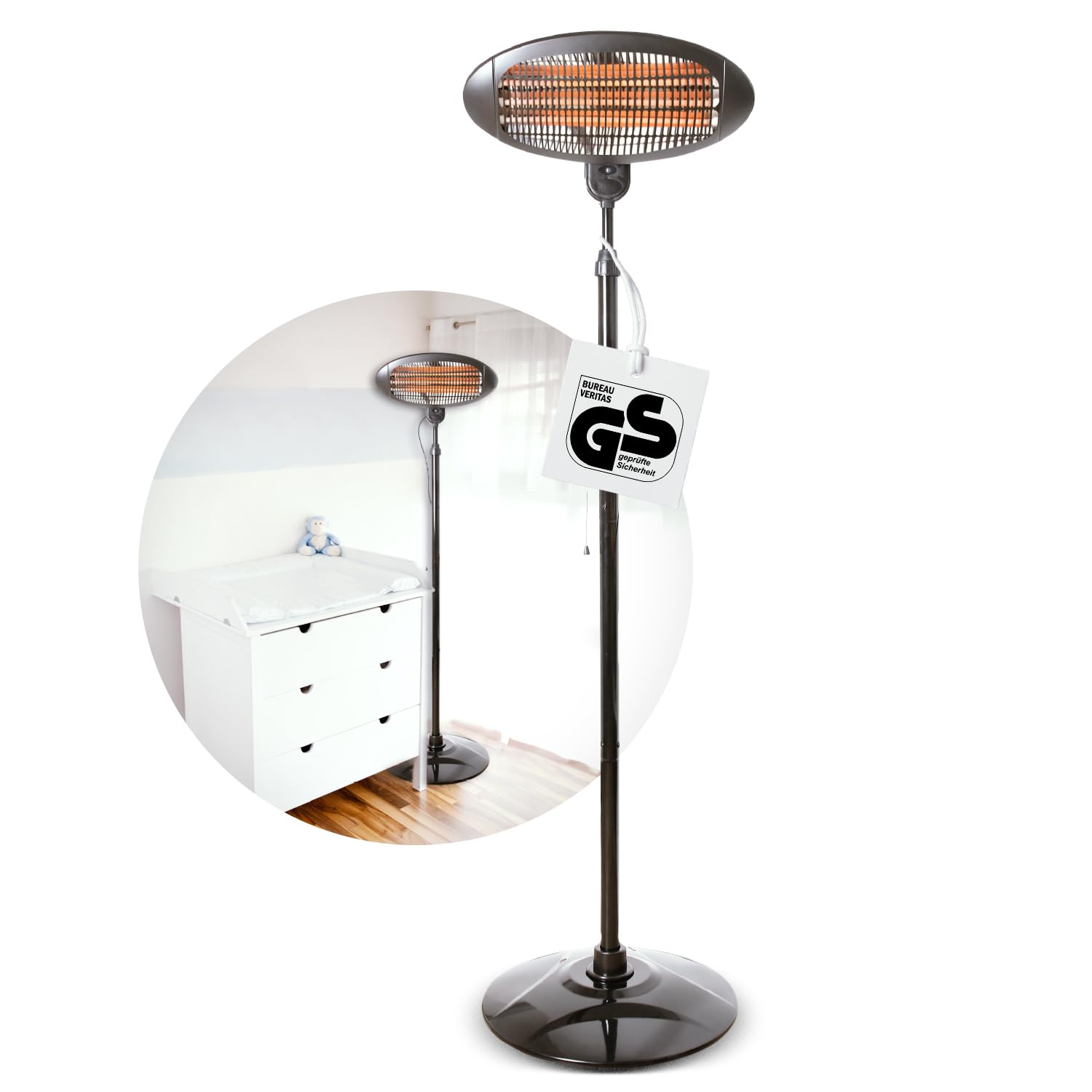 Babyruf BS 55 Heizstrahler | 2000W Leistung | Höhenverstellbar 120-210 cm | 2in1 Standheizstrahler | Wärmelampe als Wand-oder Standgerät | Baby Heizstrahler | 3 Leistungsstufen | schwarz
