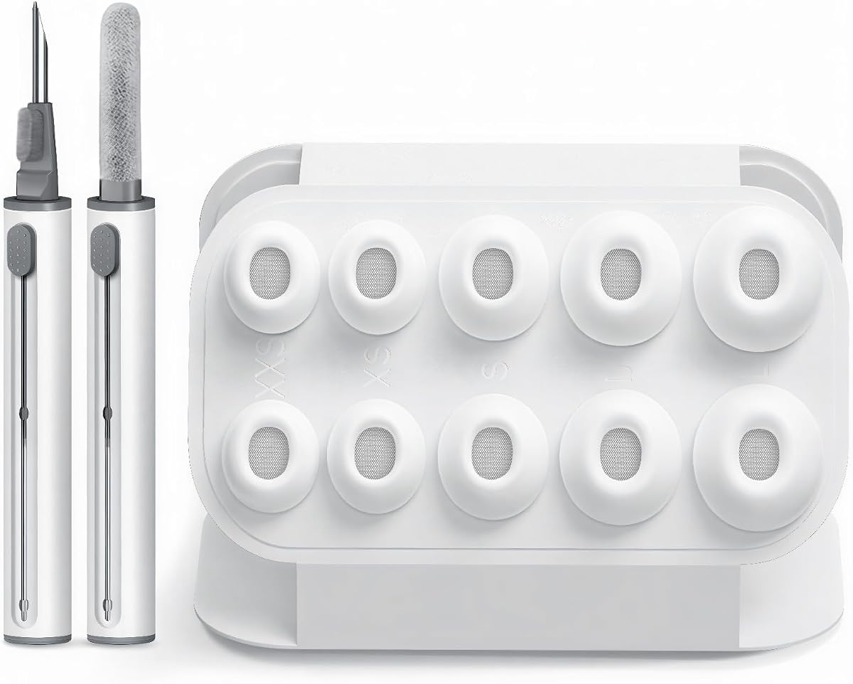 Replacement Ear Tips Kit Compatible with AirPods Pro 3 with Cleaning Pen Tool, Soft Silicone Buds Caps with Integrated Mesh Screen, 5 Pairs (XXS/XS/S/M/L) Multi-Size Pack and Cleaner Brush