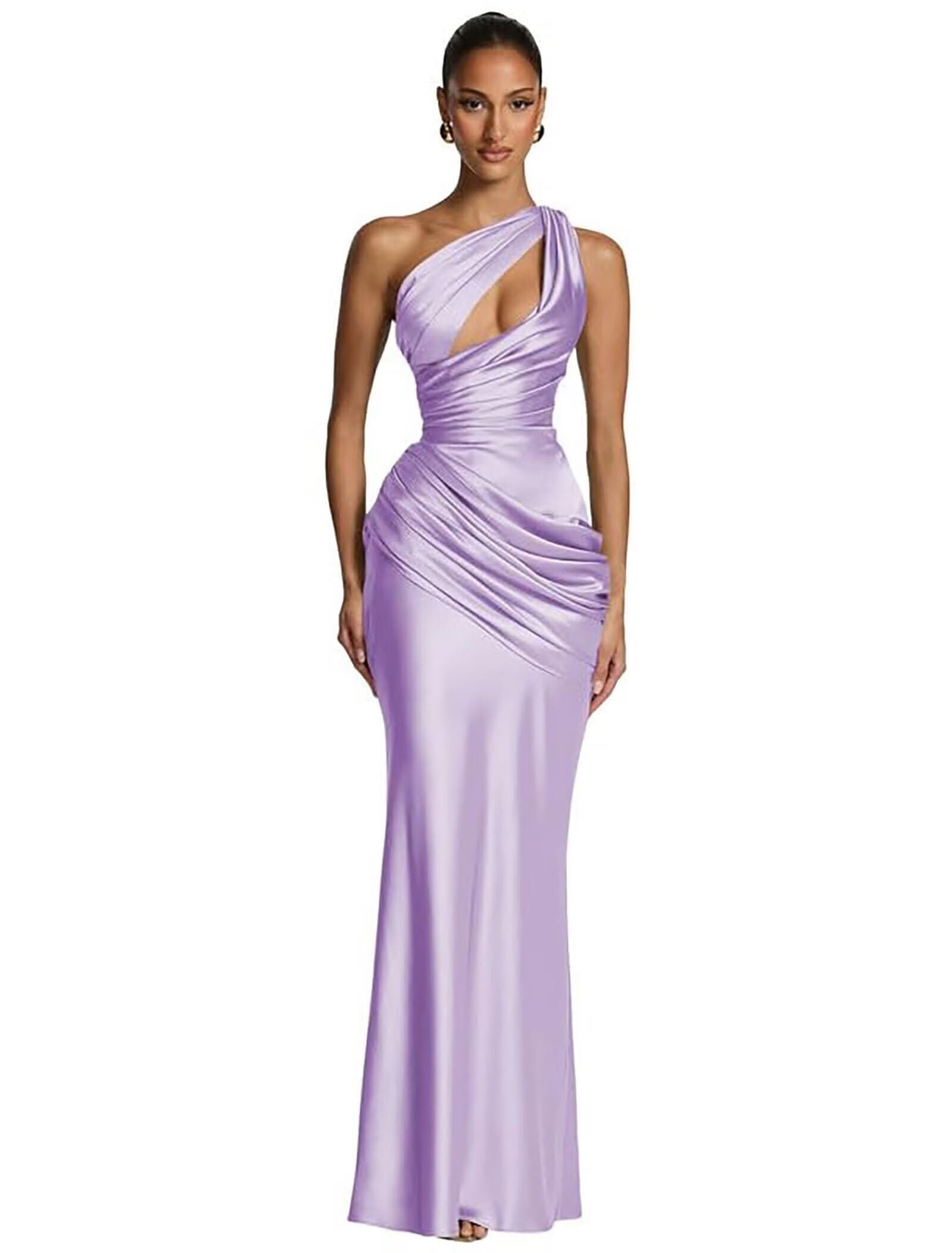 Abito Satin Una Spalla Lungo Pieghe Damigella Onore Ballo Formale H | Abito Satin Una Spalla Con Pieghe, Damigella Onore Ballo Cocktail Formale