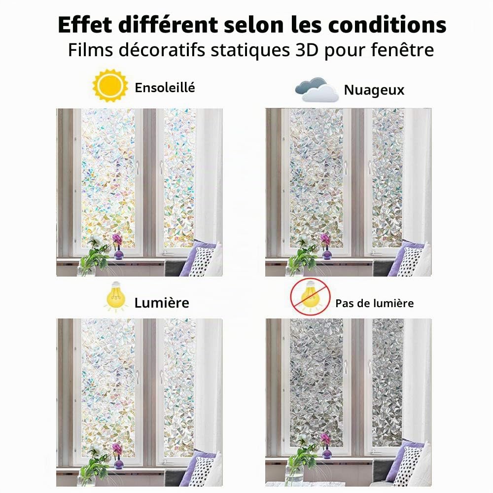Finnez Fenêtre Film Auto-Adhésif Protection de la Vie Privée 3D sans Colle en Verre Dépoli Autocollant Holographique Décoratif pour Porte en Verre Maison Maison Cuisine Bureau (90 x 400 cm)