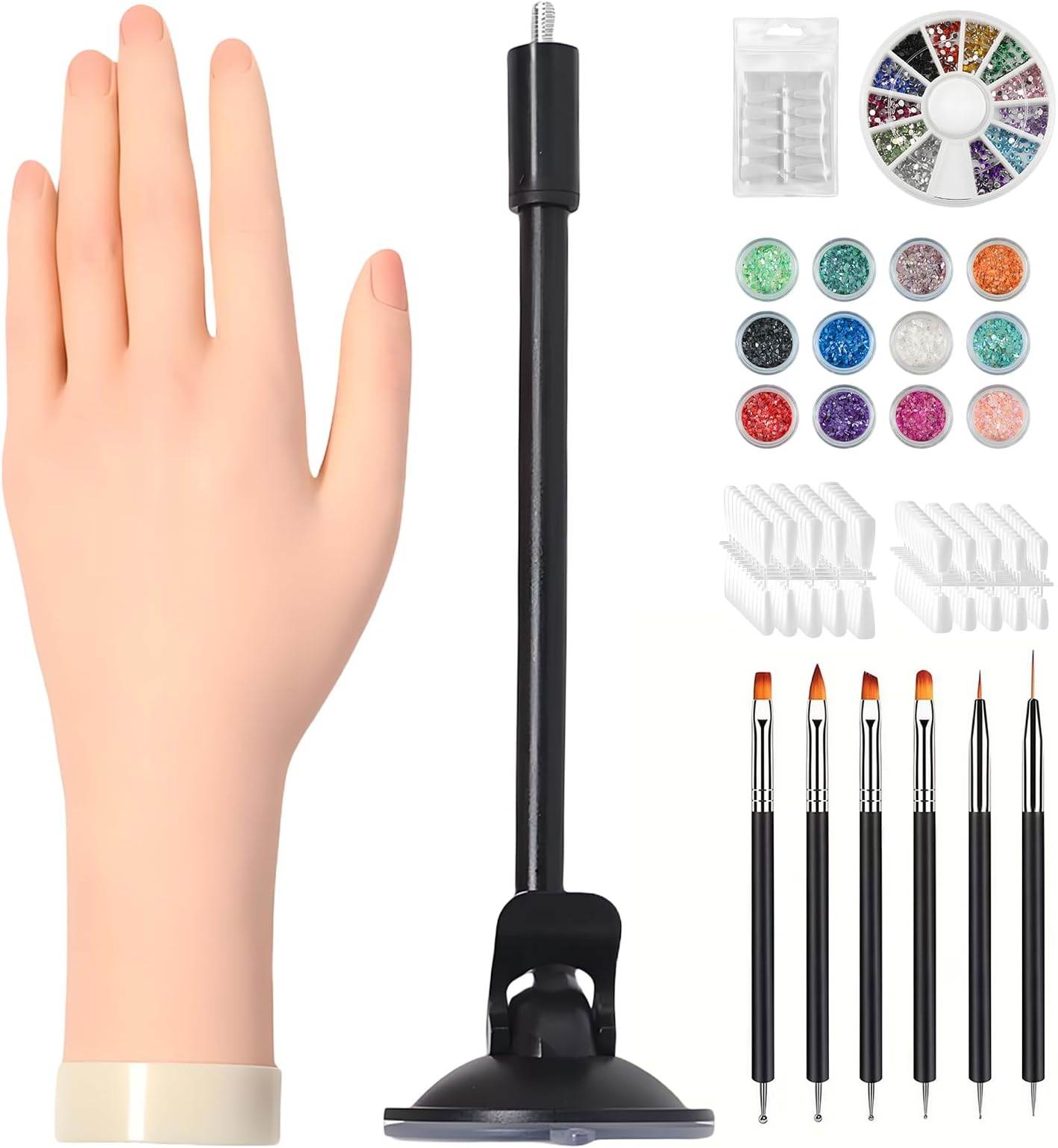 Practise Hand for Acrylic Nails Flexible Manicure Hand with Nail Tips Brushes Glitter Sequins Rhinestones Hand Nail Practice Kit for Salons Home DIY
