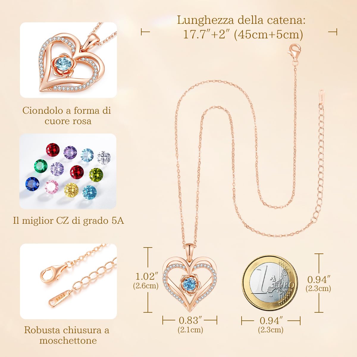 CDE Collana Donna Cuore Rosa Pietra di Nascita,Romantico Gioielli per Lei | Collana Pendente con Pietra di Nascita Compleanno Natale Regalo per Lei,Mamma,Fidanzata,Moglie,Amica San Valentino