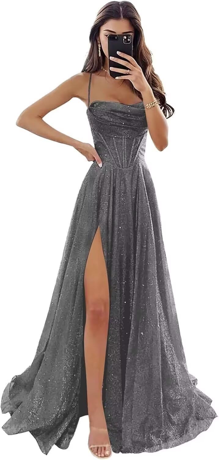 Vestidos de fiesta de graduación con lentejuelas brillantes para mujer, con cuello redondo, corsé brillante, vestidos de noche formales con bolsillos